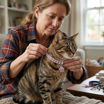  Femme pose collier strass rose chat tigré