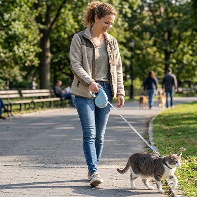 Femme promenant chat gris en laisse rétractable bleue