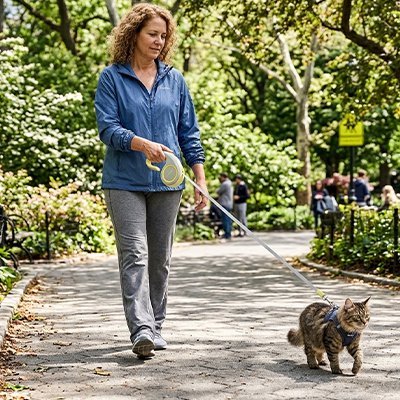 Femme promenant chat tigré en laisse rétractable jaune
