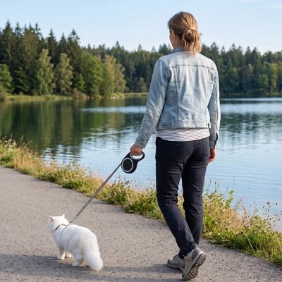 Femme promenant son chat blanc avec une laisse rétractable au bord d'un lac