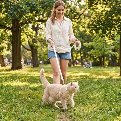 Femme promenant son chat crème avec une laisse pour chat blanche dans un parc