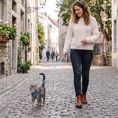 Femme promenant son chat en harnais bleu dans une ruelle pavée fleurie