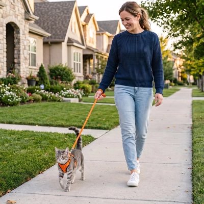 Femme promenant son chat en harnais orange avec laisse dans une rue résidentielle