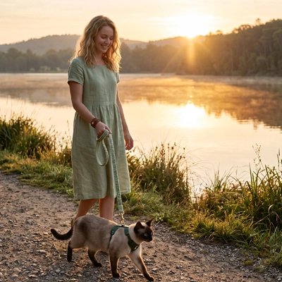 Femme promenant son chat siamois en harnais avec une laisse verte au coucher du soleil