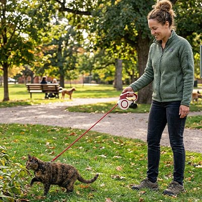 Femme promenant son chat tigré dans un parc avec une laisse rétractable rouge, environnement extérieur verdoyant 
