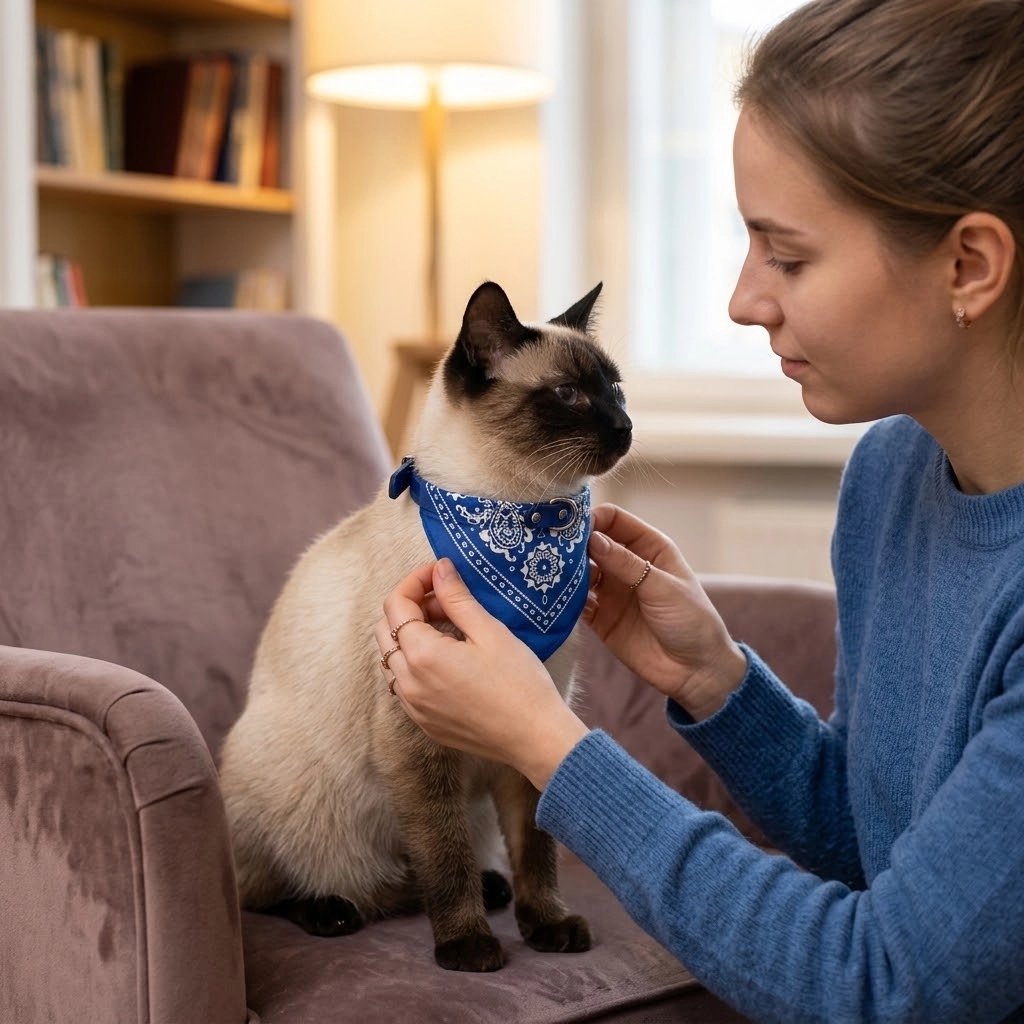 Femme qui ajuste un bandana pour chat bleu à motifs cachemire avec collier à boucle sur un chat siamois assis dans un fauteuil