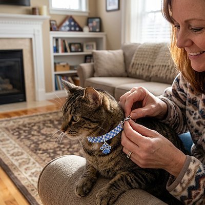 Femme qui ajuste un collier bleu à carreaux sur son chat tigré au salon