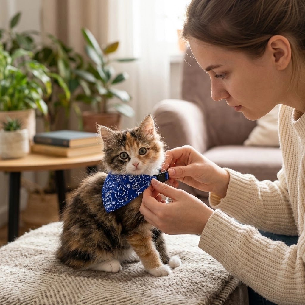 Femme qui attache un bandana pour chat bleu avec collier à clip sur un chaton écaille de tortue