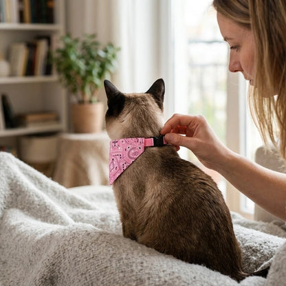 Femme qui attache un bandana pour chat rose à collier à clip autour du cou d’un chat siamois vu de dos