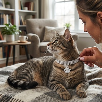  Femme qui pose un collier strass blanc sur son chat tigré à la maison