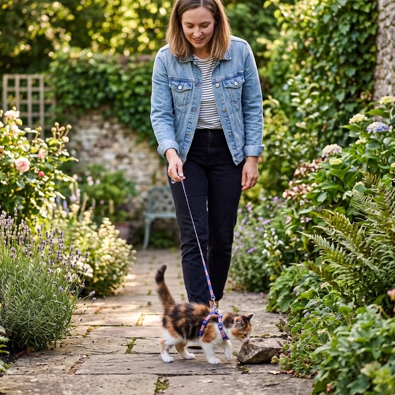Femme se promenant dans un jardin avec un chat tricolore en harnais et laisse