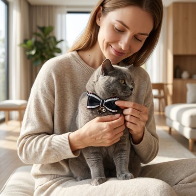  Femme souriant collier chat nœud papillon bleu marine chat gris