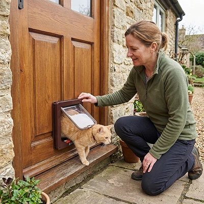 Femme souriante accueillant son chat roux qui passe par une chatière pour chat sur porte en bois extérieure