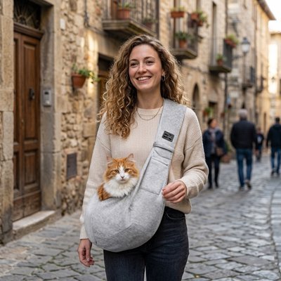 Femme souriante avec sac de transport pour chat gris chat roux en ville pavée 