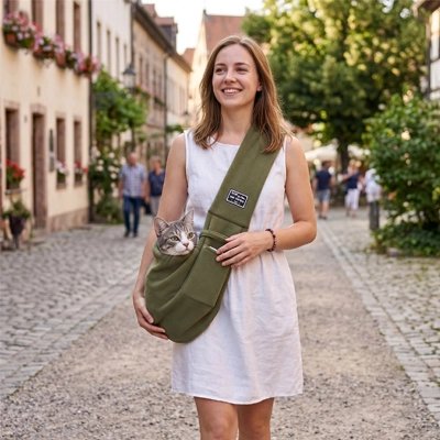 Femme souriante avec sac de transport pour chat vert dans une ruelle pavée