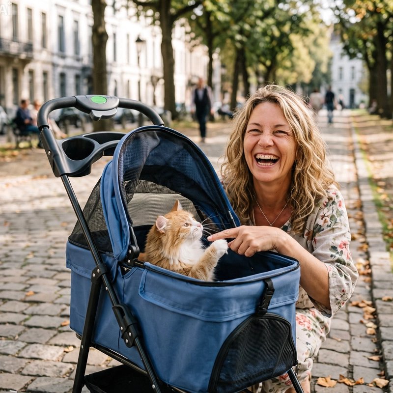 Femme souriante avec son chat roux et blanc installé dans une poussette pour chat bleue