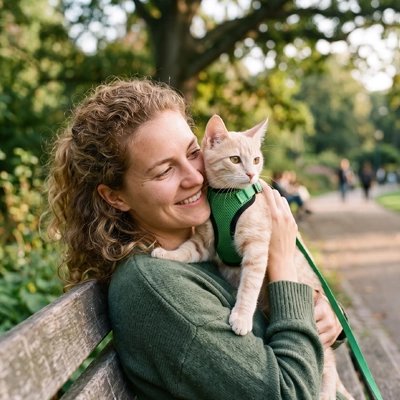 Femme souriante câlinant son chat roux avec un harnais chat vert dans un parc