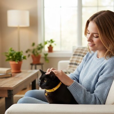 Femme souriante caressant un chat noir avec collier jaune sur canapé