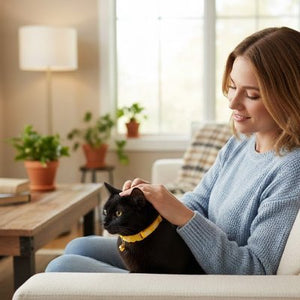 Femme souriante caressant un chat noir avec collier jaune sur canapé