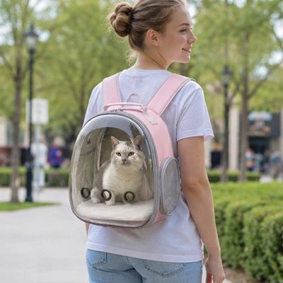 Femme souriante portant un sac de transport chat avec chat gris en ville