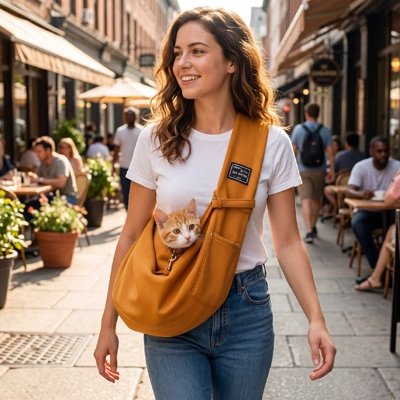 Femme souriante portant un sac de transport pour chat brun dans une rue animée