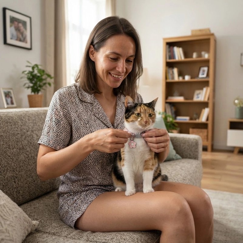 Femme souriante posant un collier rose avec breloque fleur sur un chat calico assis sur ses genoux, sur un canapé