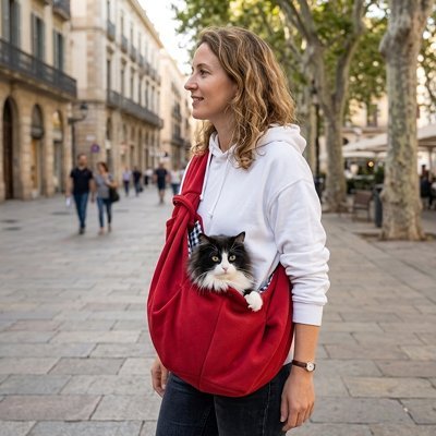 Femme souriante sac de transport chat rouge bandoulière chat noir blanc ville