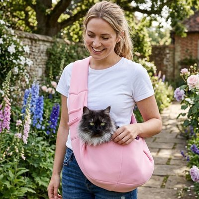 Femme souriante sac de transport pour chat rose bandoulière chat noir jardin fleuri