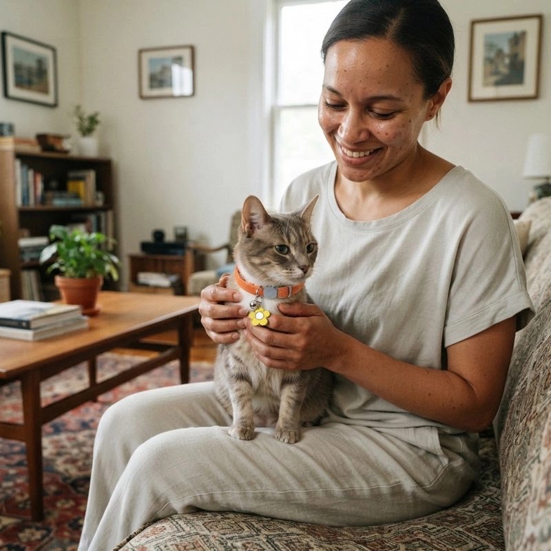 Femme souriante tenant sur ses genoux un chat tigré portant un collier orange 