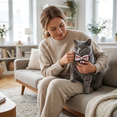 Femme tenant chat gris British Shorthair collier chat nœud papillon rose canapé