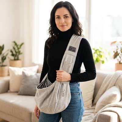  Femme tenant sac de transport pour chat gris bandoulière intérieur ouvert salon