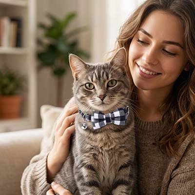 Femme tenant un chat avec un collier nœud papillon à carreaux bleu et blanc