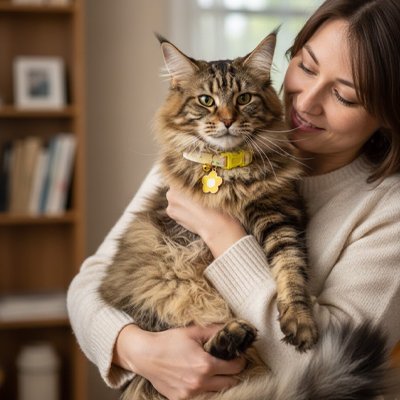 Femme tenant un Maine Coon avec collier fleur jaune pendentif