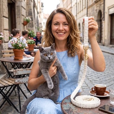 Femme tenant une laisse pour chat blanche à motif bouclé avec son chat gris britannique