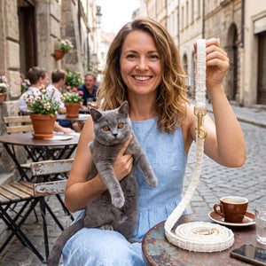 Femme tenant une laisse pour chat blanche à motif bouclé avec son chat gris britannique