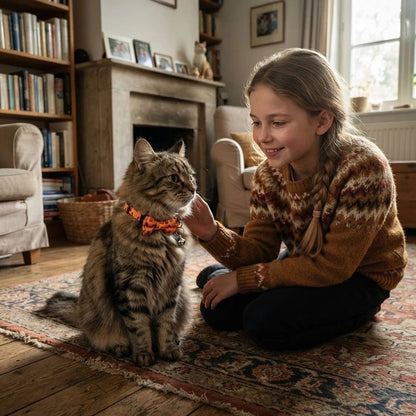 Fillette caressant un chat tigré à poil long portant un collier orange à nœud papillon citrouille