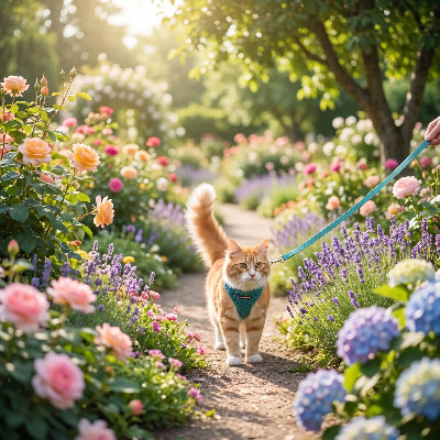 Chat roux portant un harnais turquoise et tenu en laisse dans un jardin fleuri