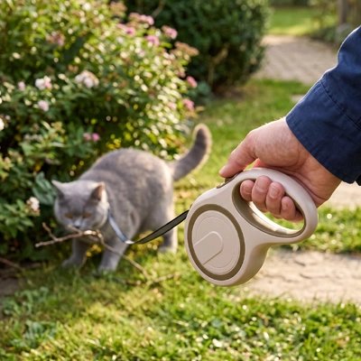 Gros plan sur une laisse chat rétractable beige tenue en main, chat british shorthair en arrière-plan
