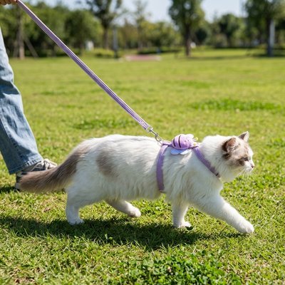 Harnais chat anti-fugue violet promenade sur pelouse 