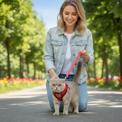 Harnais chat beige avec laisse rose