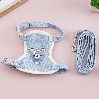 Harnais chat bleu avec laisse assortie motif ourson