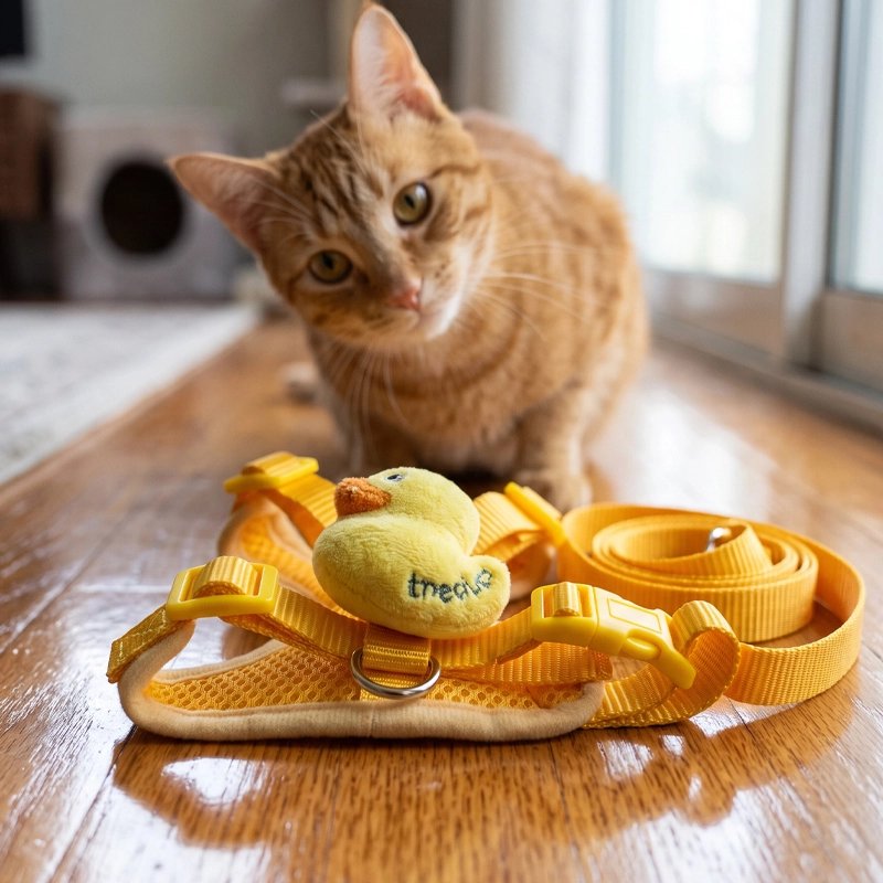 Harnais chat jaune avec peluche canard décorative, chat roux observant l'accessoire