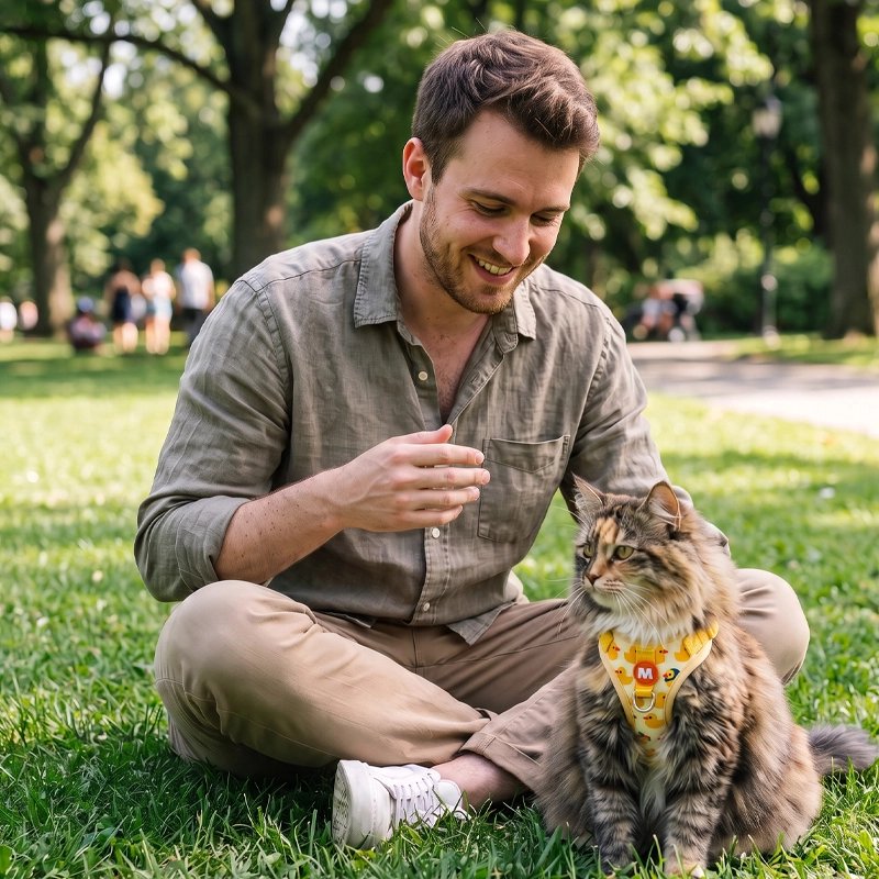 Harnais chat jaune motif canards porté par un chat tigré, moment de complicité au parc