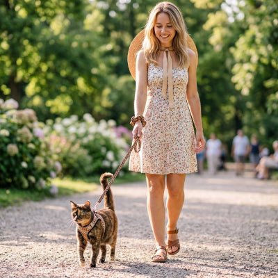 Harnais chat léopard porté en promenade par un chat tigré marron, tenu en laisse