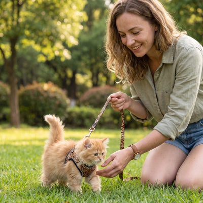 Harnais chat léopard porté par un chaton roux, femme agenouillée le tenant en laisse dans l'herbe