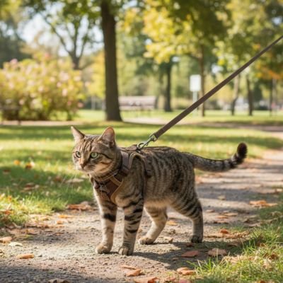 Harnais chat marron résistant et ajustable pour exploration extérieure.
