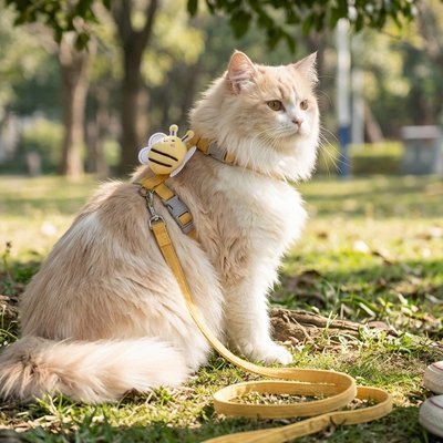 Harnais chat motif abeille jaune promenade en parc 