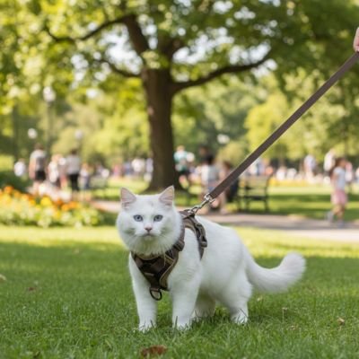 Harnais chat maron ajustable pour sortie extérieure en toute sécurité.