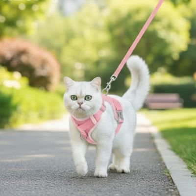 Harnais chat rose élégant et sécurisé pour promenade en extérieur.