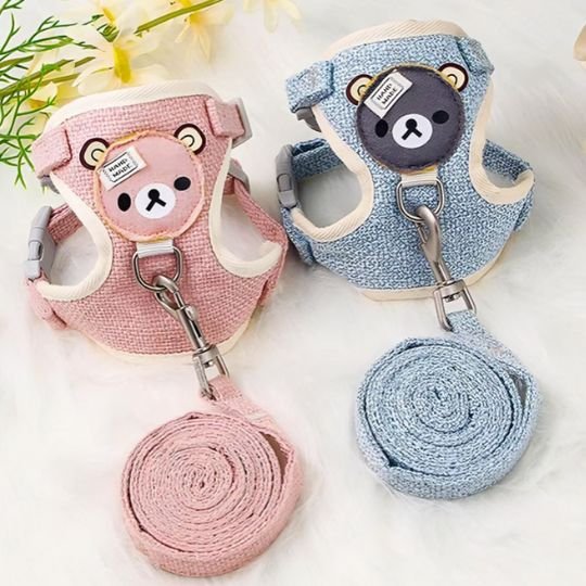Harnais chat rose et bleu avec laisse assortie motif ourson